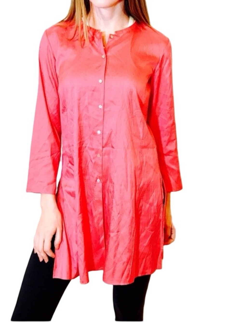 Eileen Fisher Coral Rose 100% Silk Button-Front Longline Tunic Top